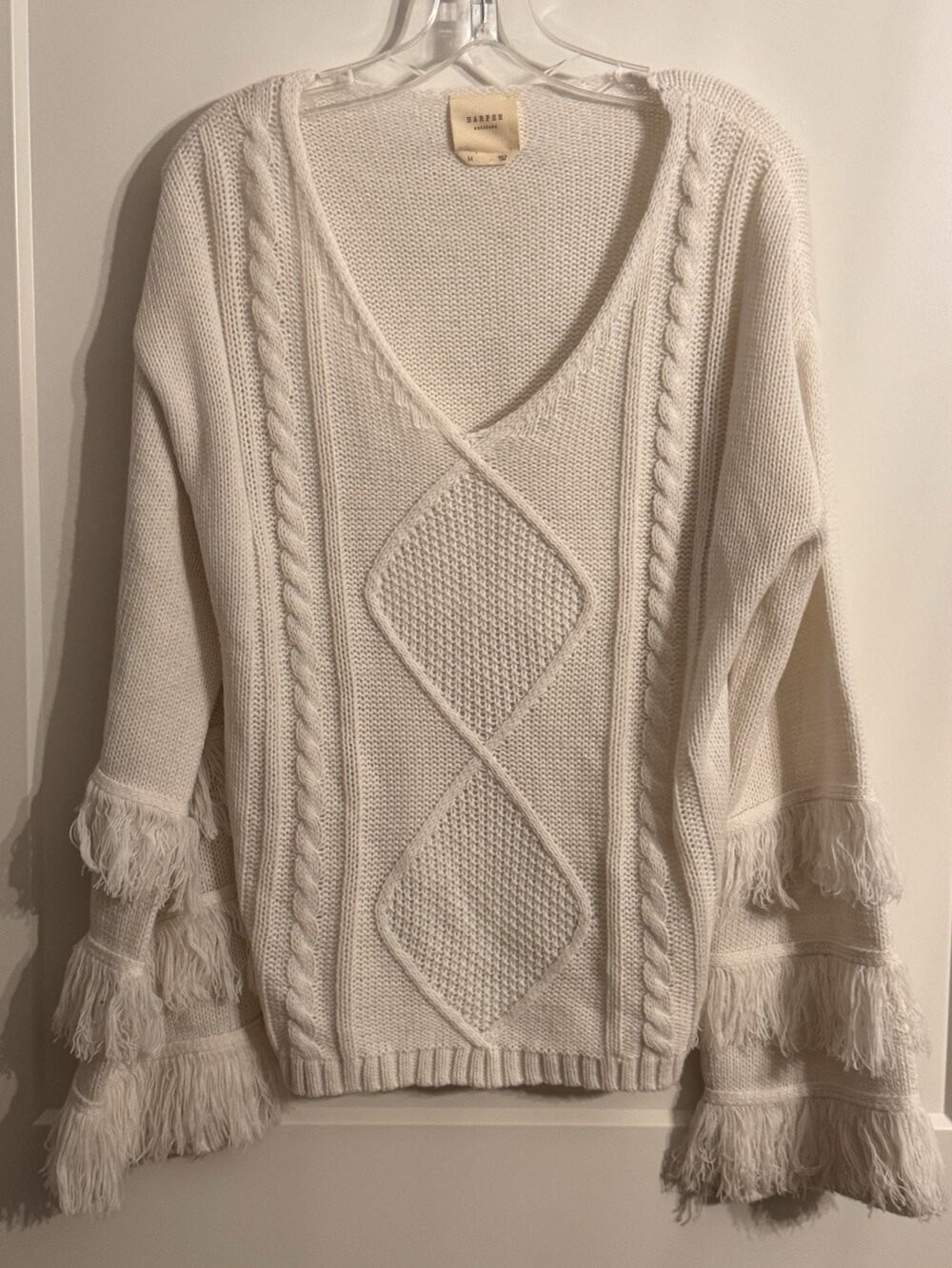Fringe Sweater By Harper Heritage Off White Long Sleeved Cable Knit Sz M Boho